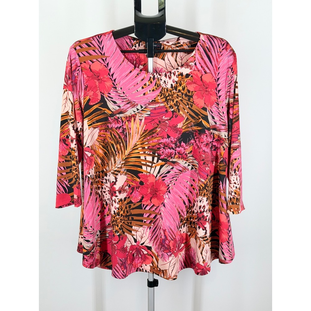 Cocomo Women XL Pink Tropical Floral Leopard Print 3/4 Sleeve Scoop Neck Top